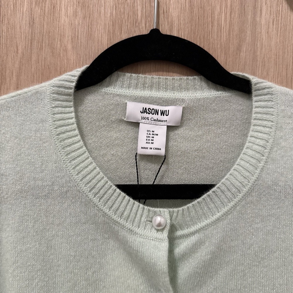 Jason Wu 100% Cashmere Cardigan M Pearl Buttons Mint Green NEW Classic Preppy - Picture 2 of 7